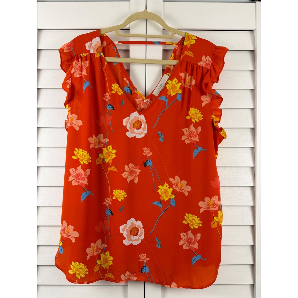 Loft Floral Blouse Women XXL Orange Flutter Sleeve V-Neck Strappy Back